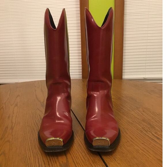 Calvin Klein 205W39NYC × Raf Simons Red Leather Gray Stripe Western Cowboy Boots - Picture 4 of 7